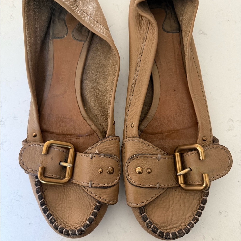 Chloe Tan Leather Flats with Gold Buckle